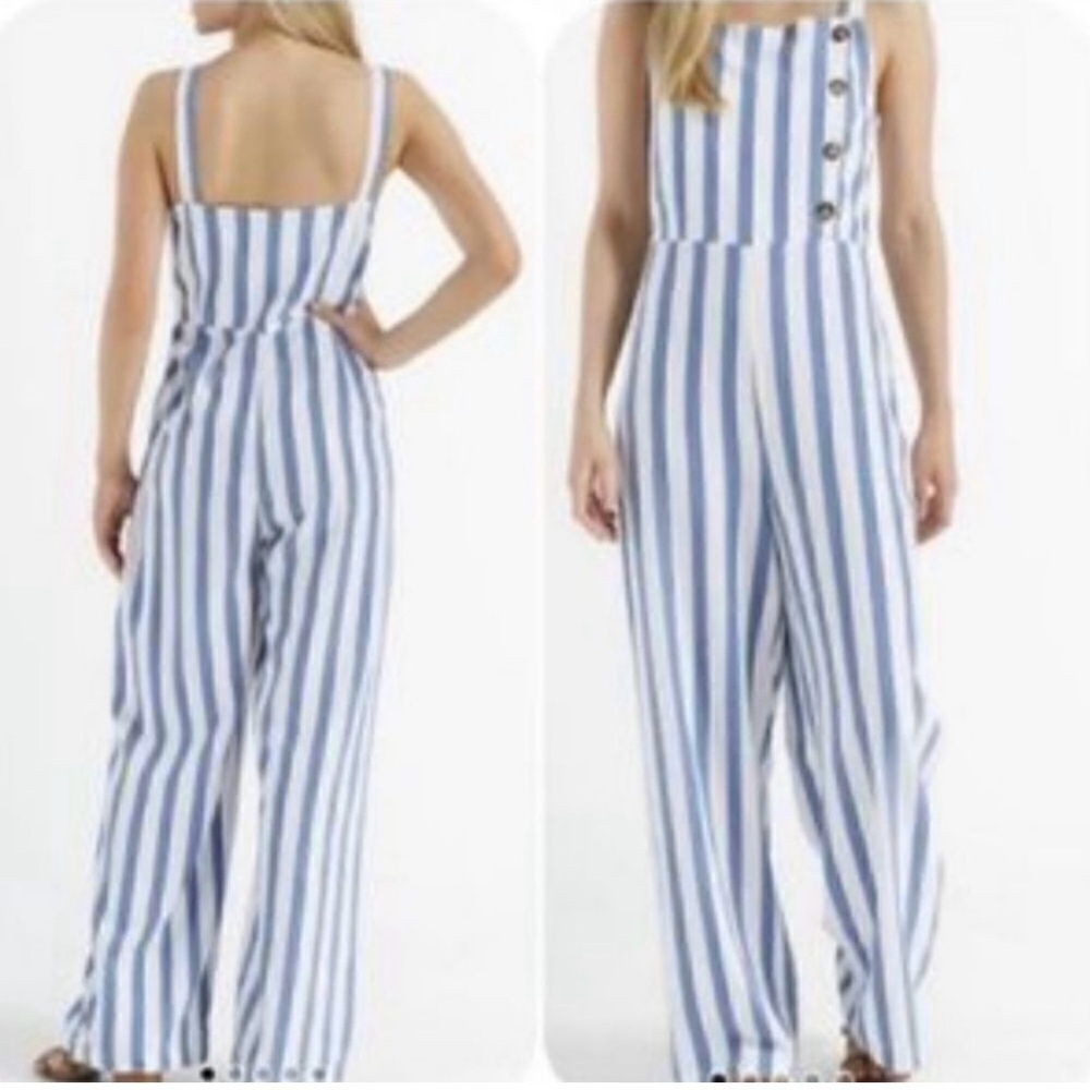 NWT C&C California Linen Blend Striped Jumpsuit Green & White Large‎ 89r01027t - Picture 3 of 16